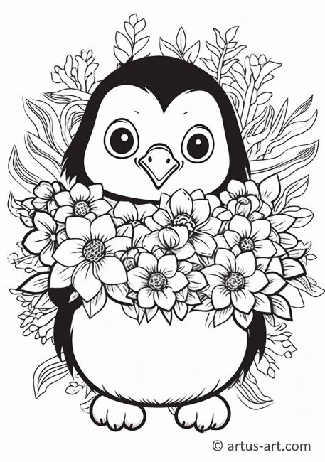 Pagina da colorare: Pinguino con mazzo di fiori